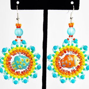 Whimsical Tropical Fish Beaded Dangling Earrings, Beach Style Jewelry